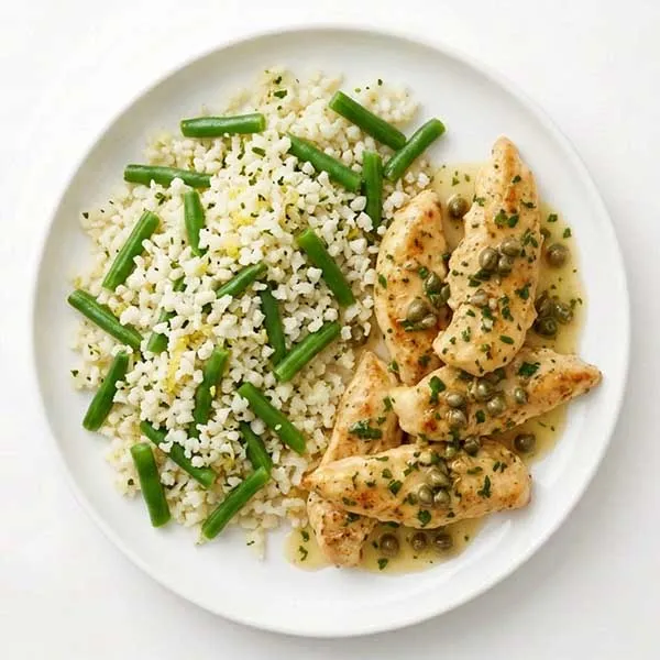 Italian chicken piccata with cauliflower and beans mix
